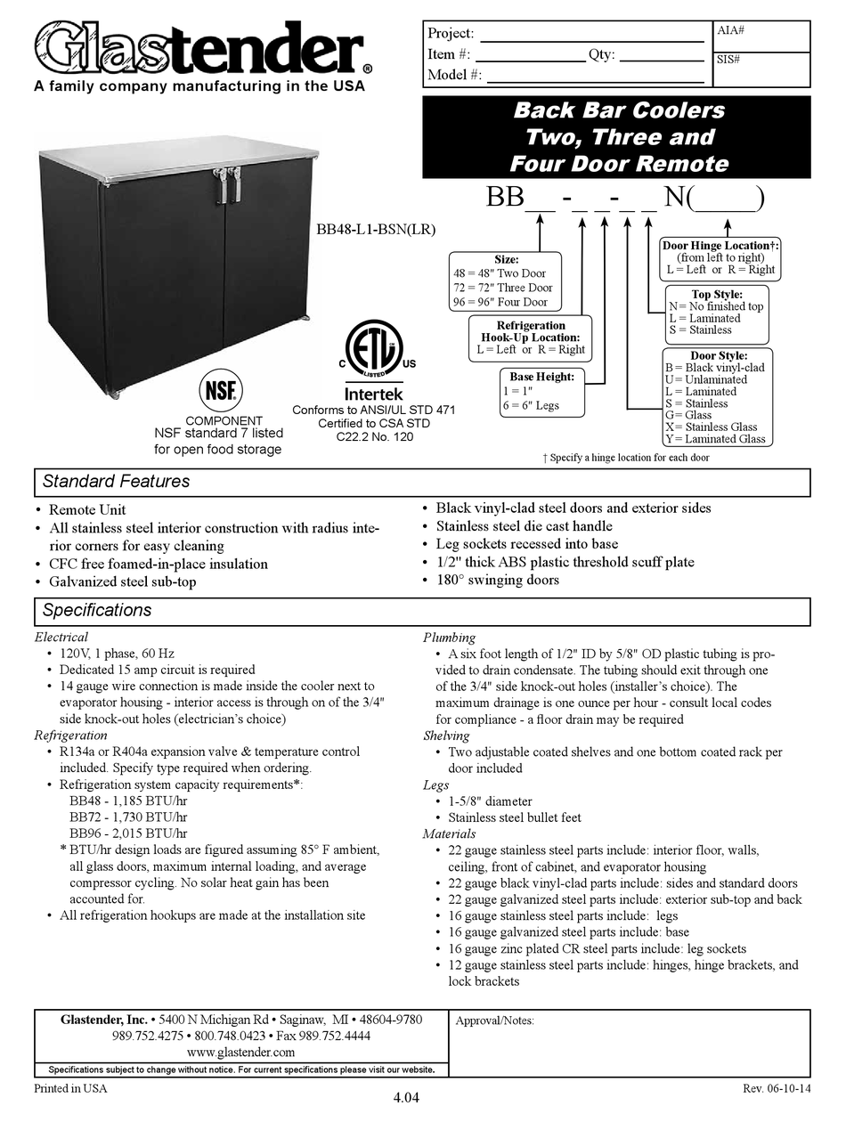 GLASTENDER BB48L1BSN(LR) FEATURES & SPECIFICATIONS Pdf Download