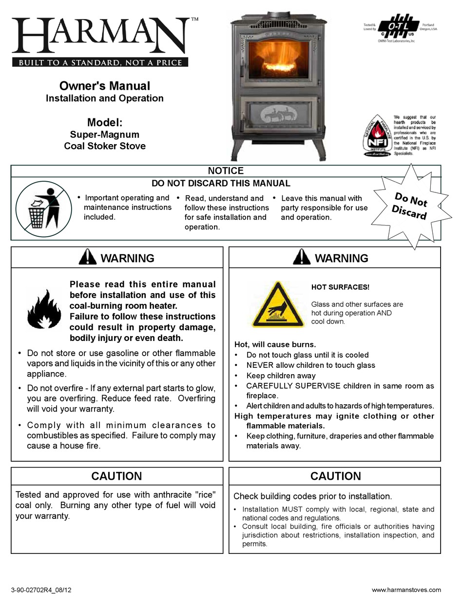 HARMAN SUPERMAGNUM COAL STOKER STOVE OWNER'S MANUAL INSTALLATION AND OPERATION Pdf Download