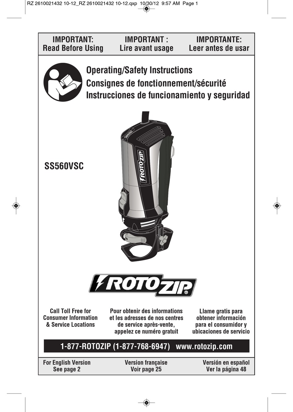 ROTOZIP SS560VSC OPERATING/SAFETY INSTRUCTIONS MANUAL Pdf Download