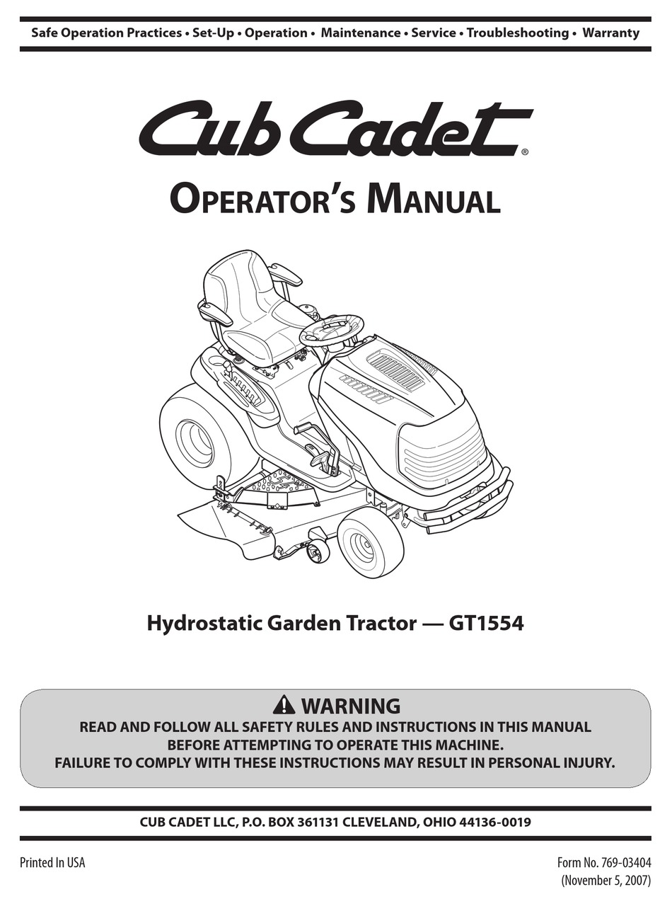 CUB CADET GT1554 OPERATOR'S MANUAL Pdf Download ManualsLib