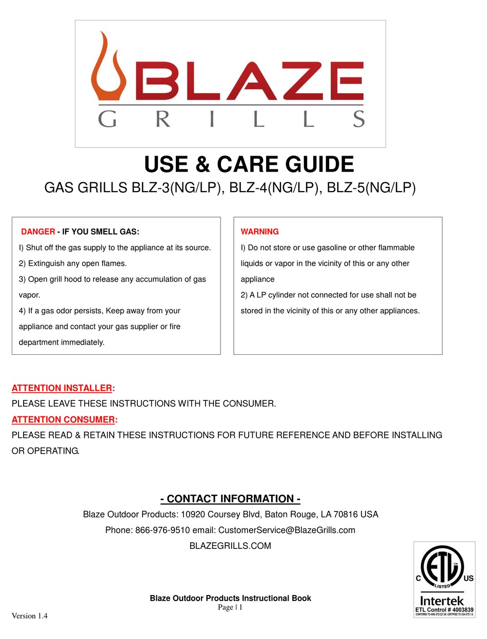 BLAZE OUTDOOR BLZ3 USE & CARE MANUAL Pdf Download ManualsLib