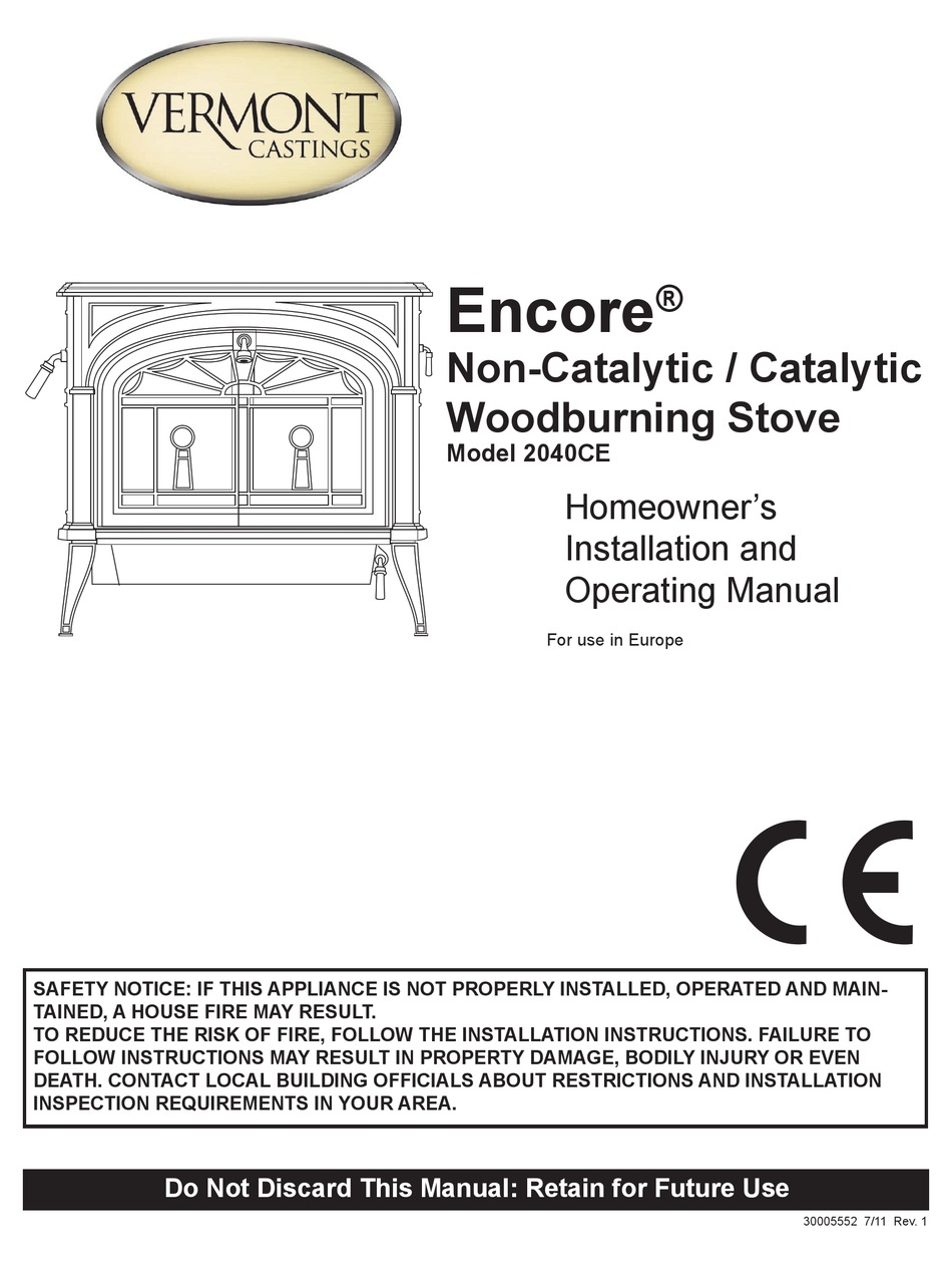 VERMONT CASTINGS ENCORE 2040CE INSTALLATION AND OPERATING MANUAL Pdf