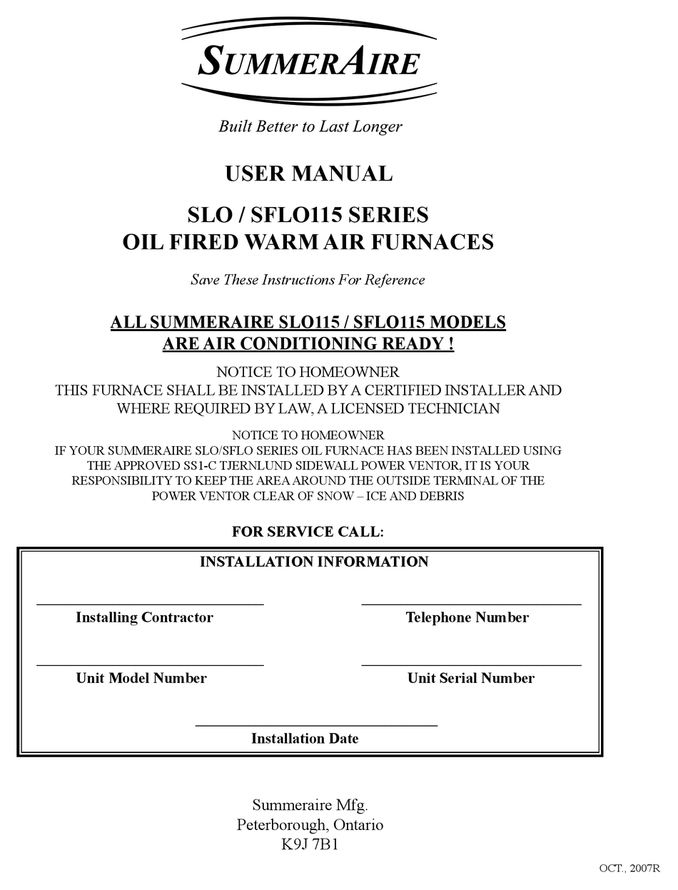SUMMERAIRE SLO115 SERIES USER MANUAL Pdf Download | ManualsLib