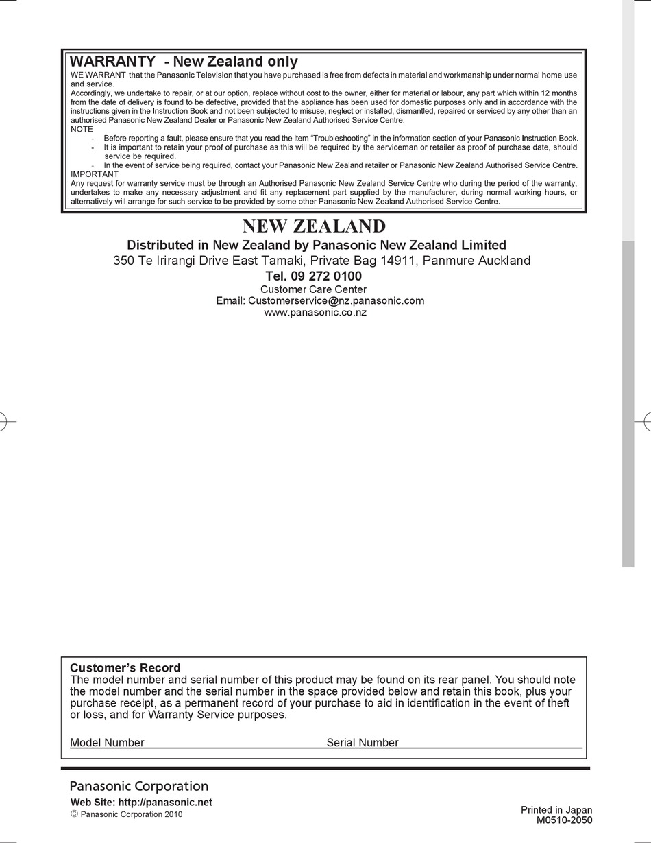 PANASONIC VIERA TH-P50VT20Z OPERATING INSTRUCTIONS MANUAL Pdf 