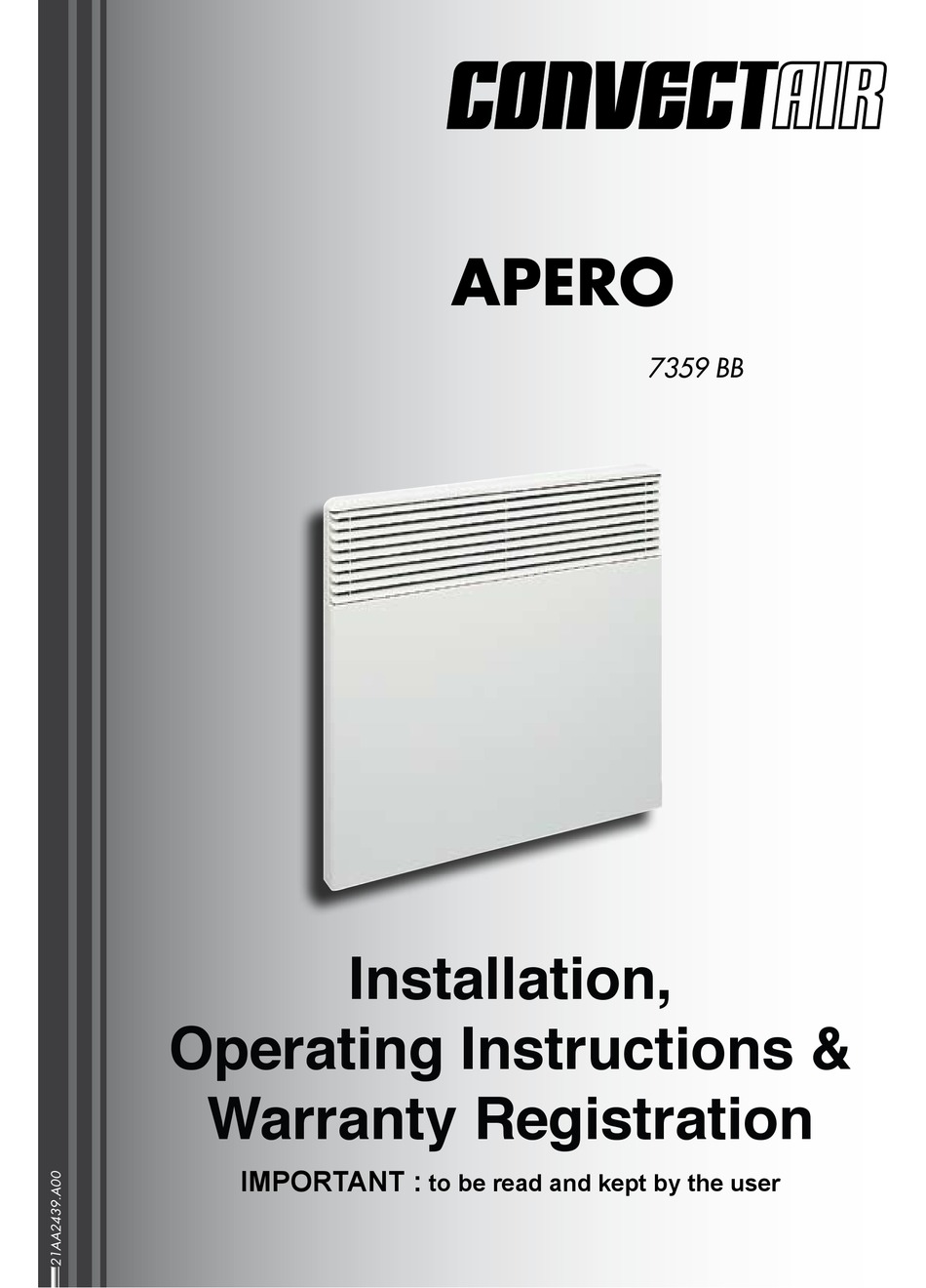 CONVECTAIR APERO 7359 BB INSTALLATION OPERATING INSTRUCTIONS MANUAL 