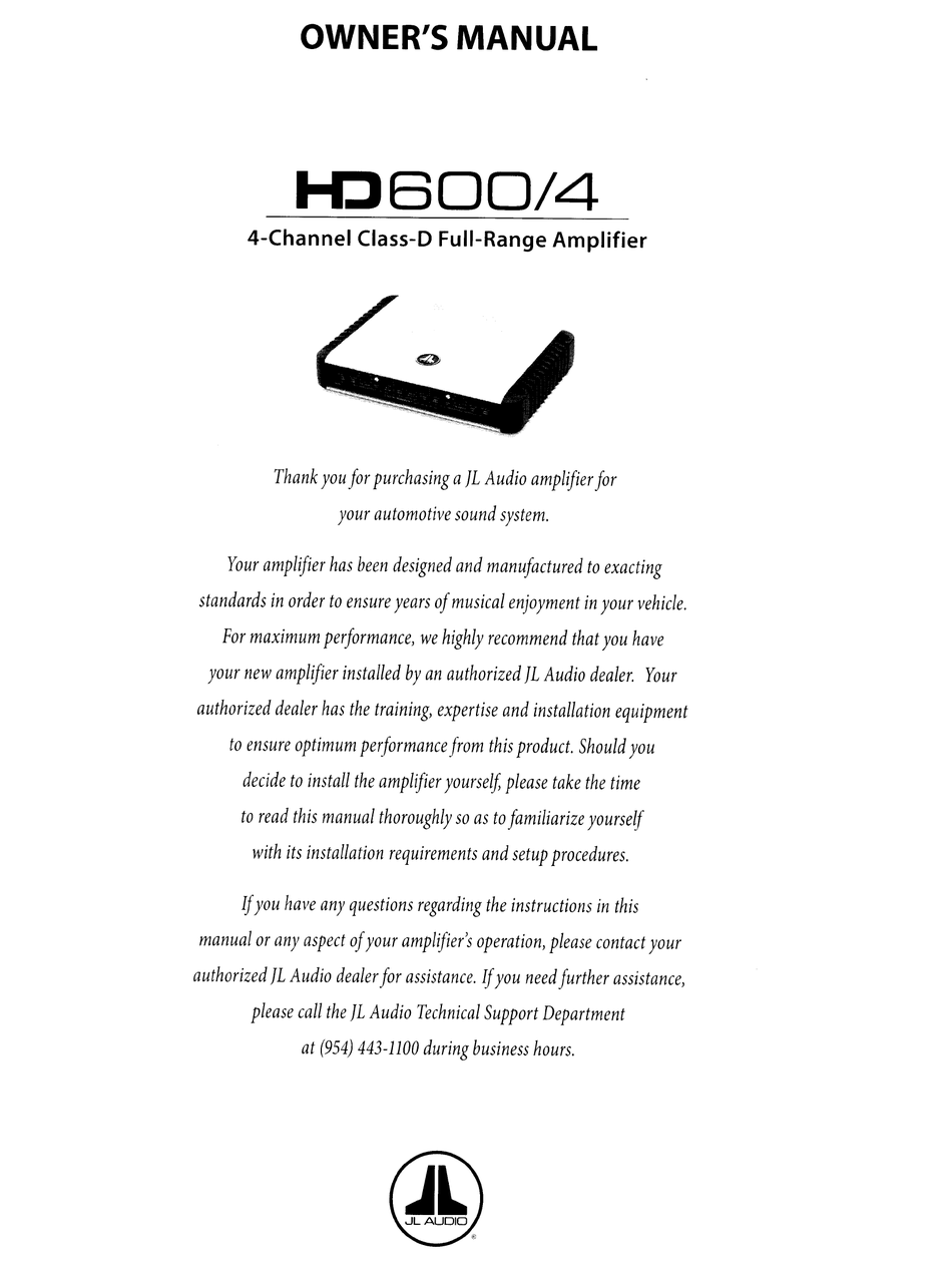 Jl Audio Hd600 4 Owner S Manual Pdf Download Manualslib