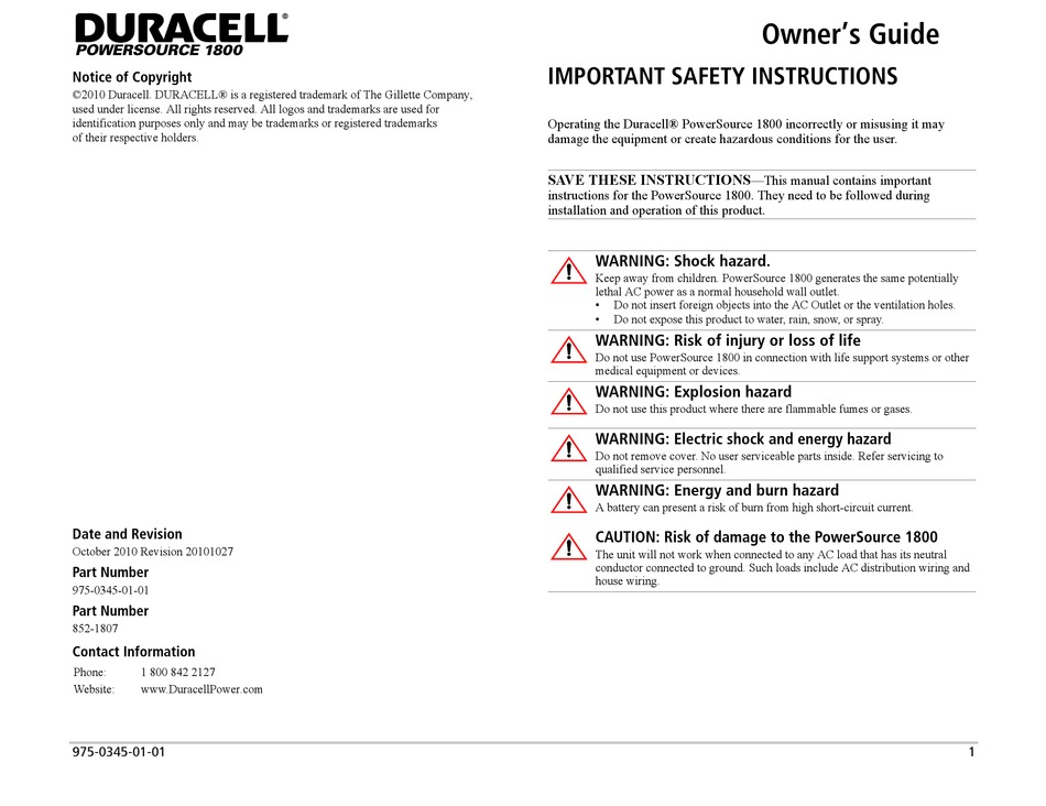 DURACELL POWERSOURCE 1800 OWNER'S MANUAL Pdf Download | ManualsLib