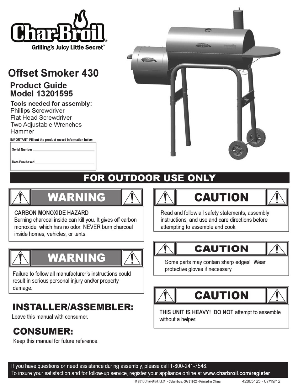 CHAR-BROIL OFFSET SMOKER 430 13201595 PRODUCT MANUAL Pdf ...