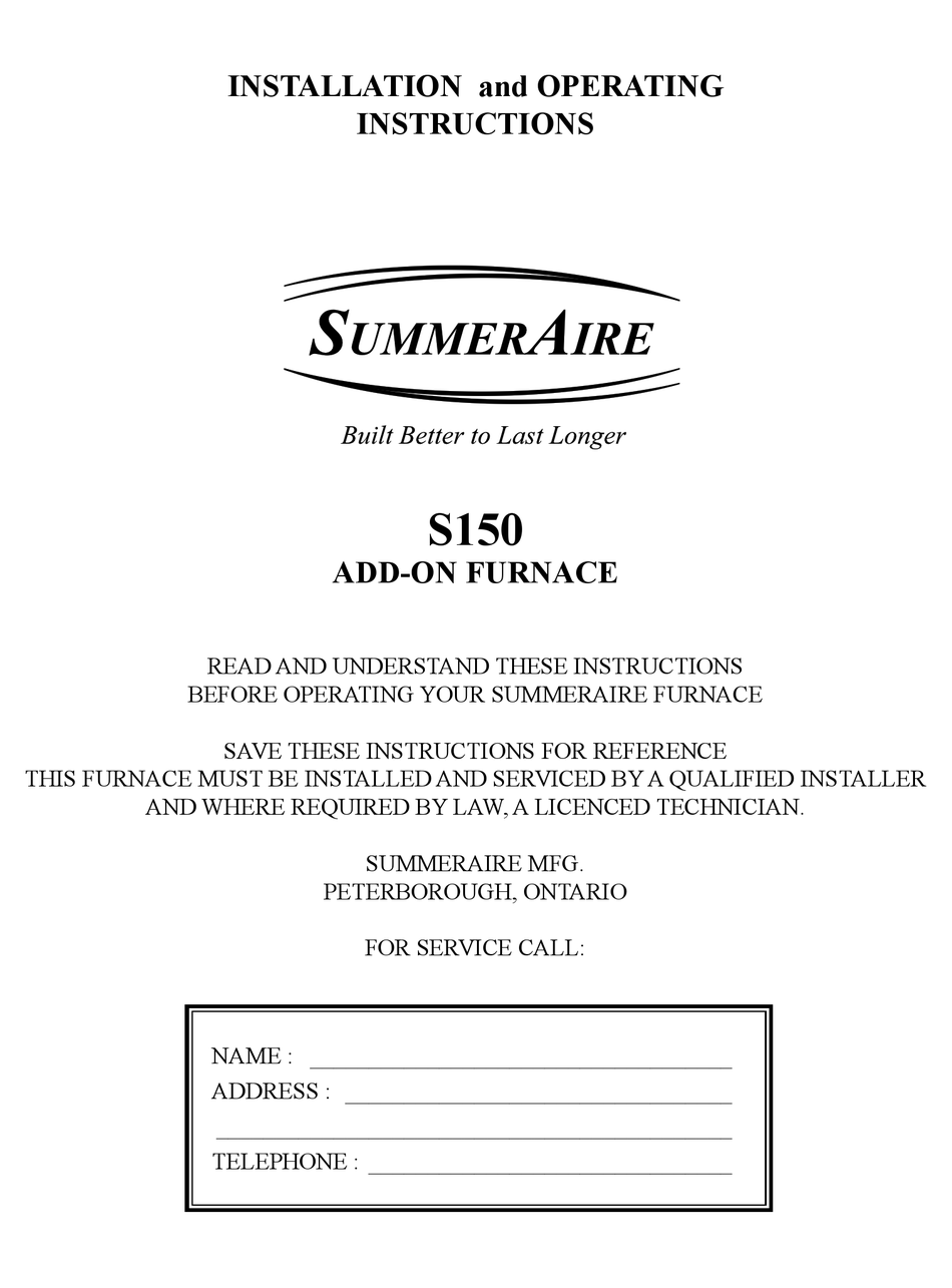 SUMMERAIRE S150 INSTALLATION AND OPERATING INSTRUCTIONS MANUAL Pdf Download  | ManualsLib
