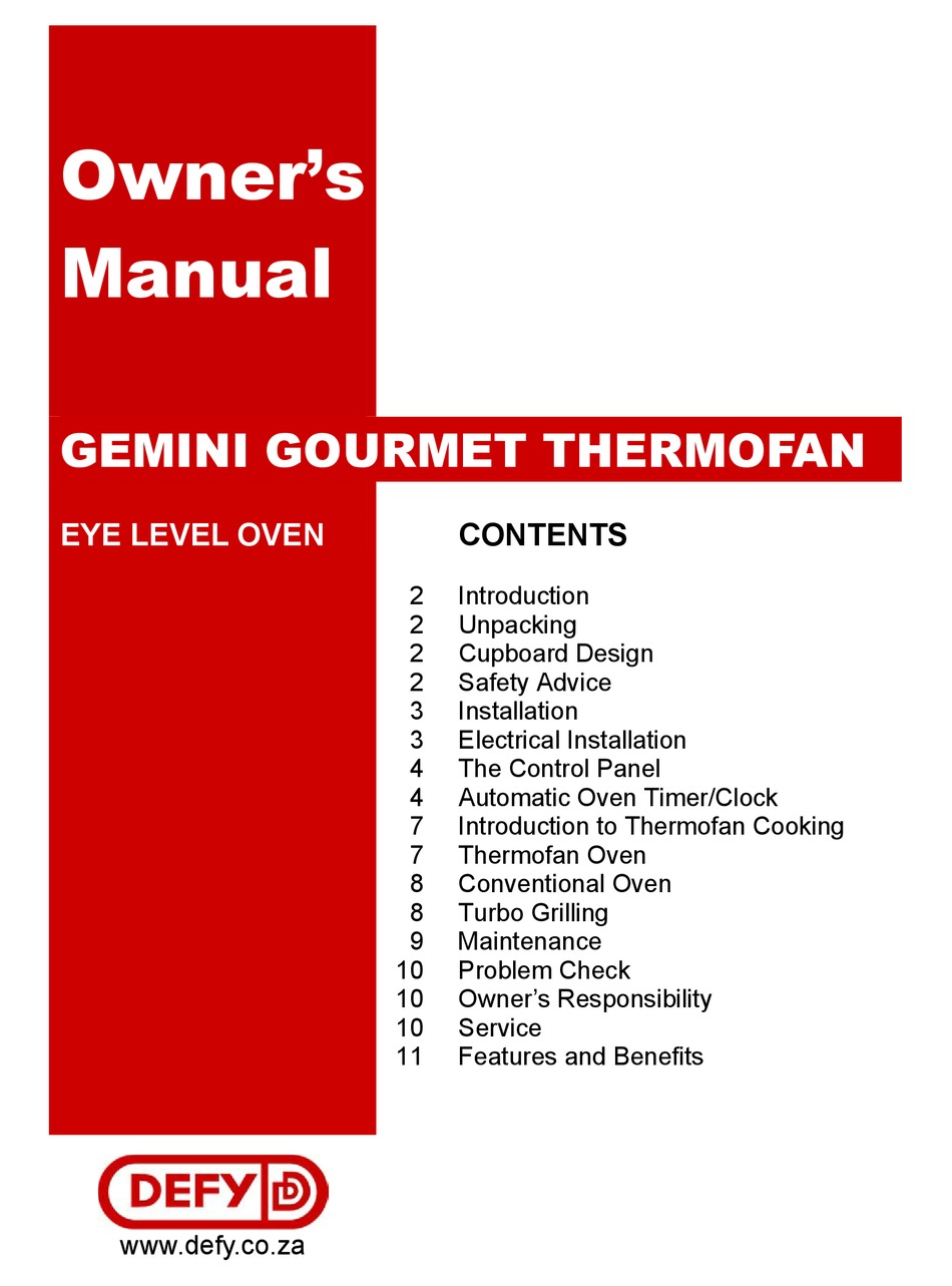 DEFY GEMINI GOURMET THERMOFAN OWNER'S MANUAL Pdf Download | ManualsLib