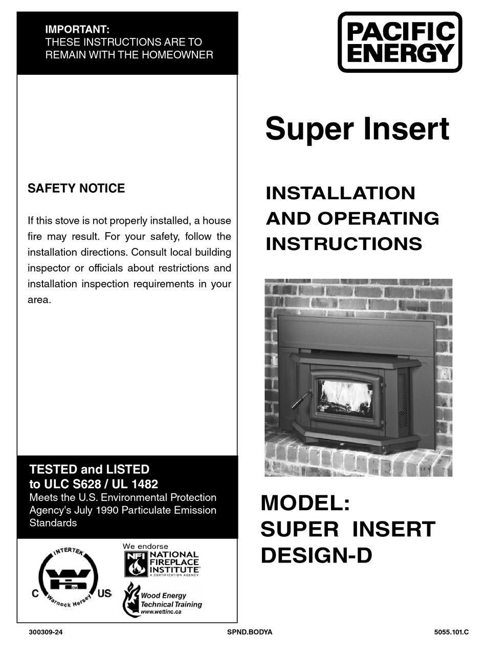 PACIFIC ENERGY SUPER INSERT DESIGND INSTALLATION AND OPERATING INSTRUCTIONS MANUAL Pdf Download
