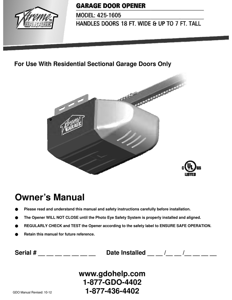 Xtreme Garage 425 1605 Owner S Manual, Xtreme Garage Door Openers Reviews