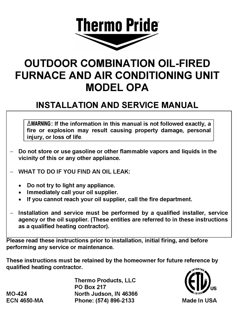 THERMO PRIDE OPA INSTALLATION AND SERVICE MANUAL Pdf Download ManualsLib