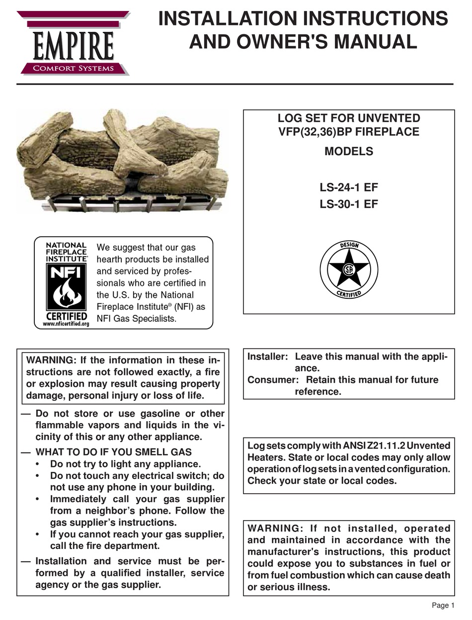 EMPIRE COMFORT SYSTEMS LS-24-1 EF INSTALLATION INSTRUCTIONS AND OWNER'S