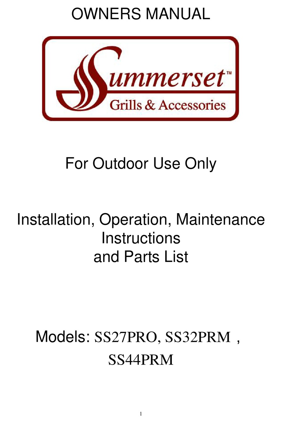 SUMMERSET PROFESSIONAL GRILLS SS27PRO OWNER'S MANUAL Pdf Download