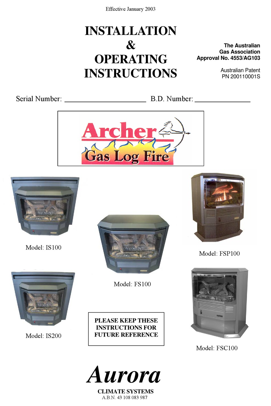 AURORA ARCHER IS100 INSTALLATION & OPERATING INSTRUCTIONS MANUAL Pdf