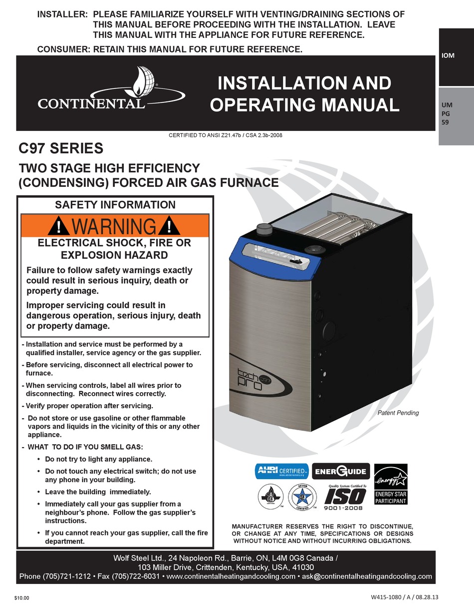 CONTINENTAL REFRIGERATOR C97 SERIES INSTALLATION AND OPERATING MANUAL