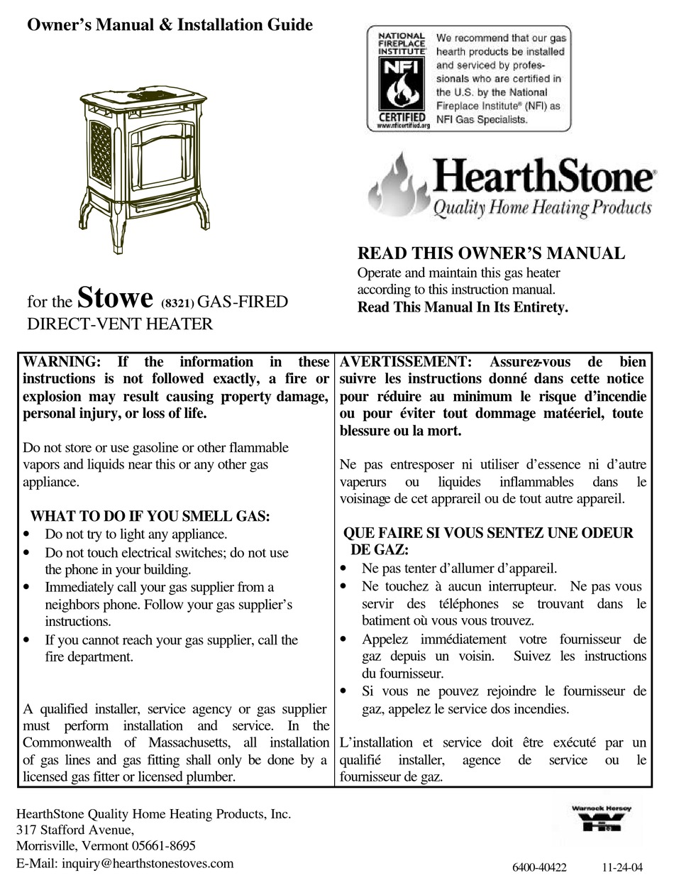 HEARTHSTONE 8321 OWNERS MANUAL AND OPERATION MANUAL Pdf Download