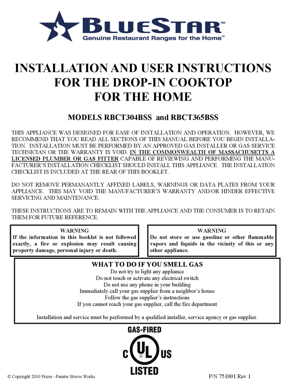 BLUESTAR RBCT304BSS INSTALLATION AND USER INSTRUCTIONS MANUAL Pdf