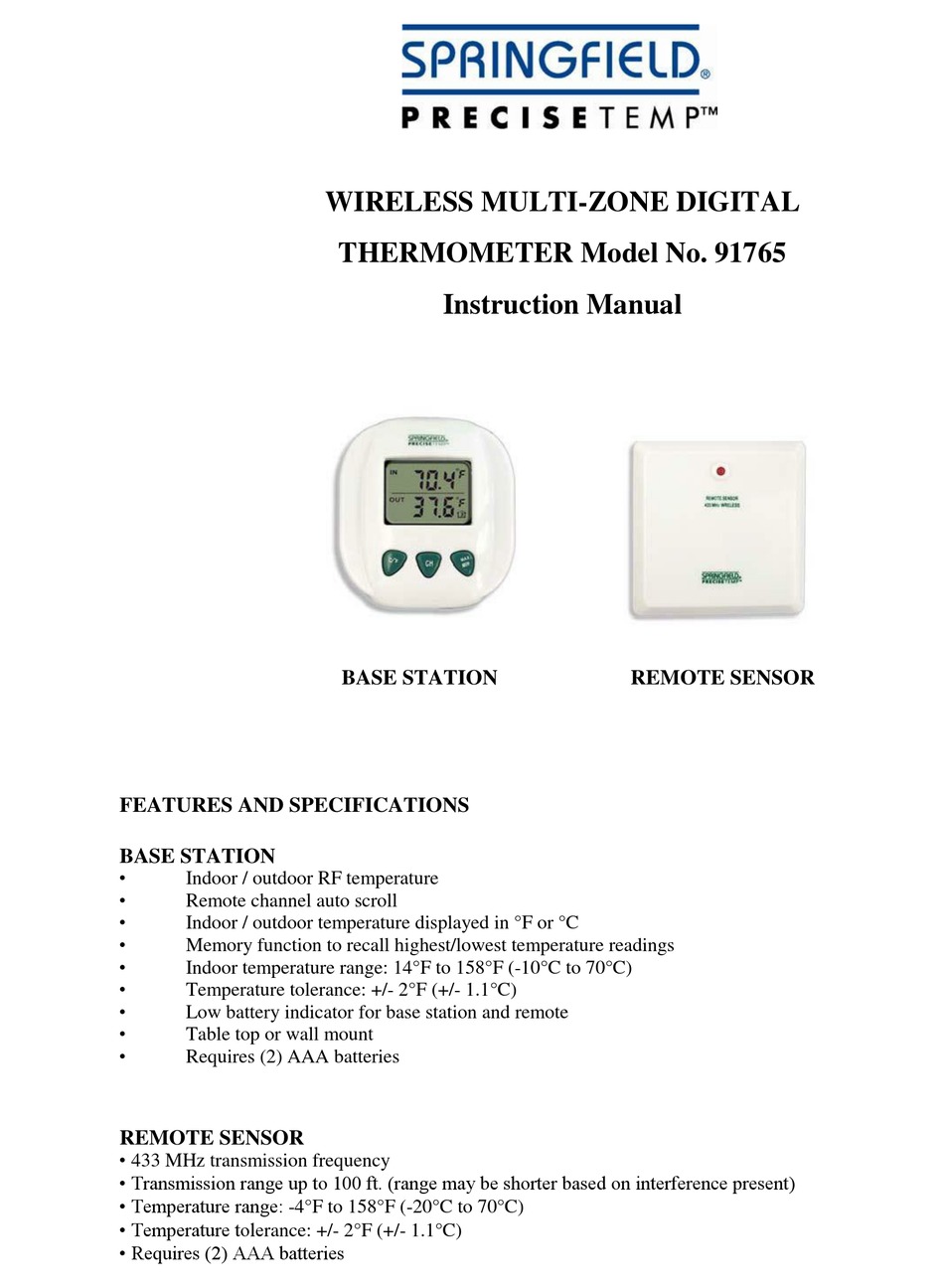 Springfield Precisetemp 91765 Instruction Manual Pdf Download Manualslib