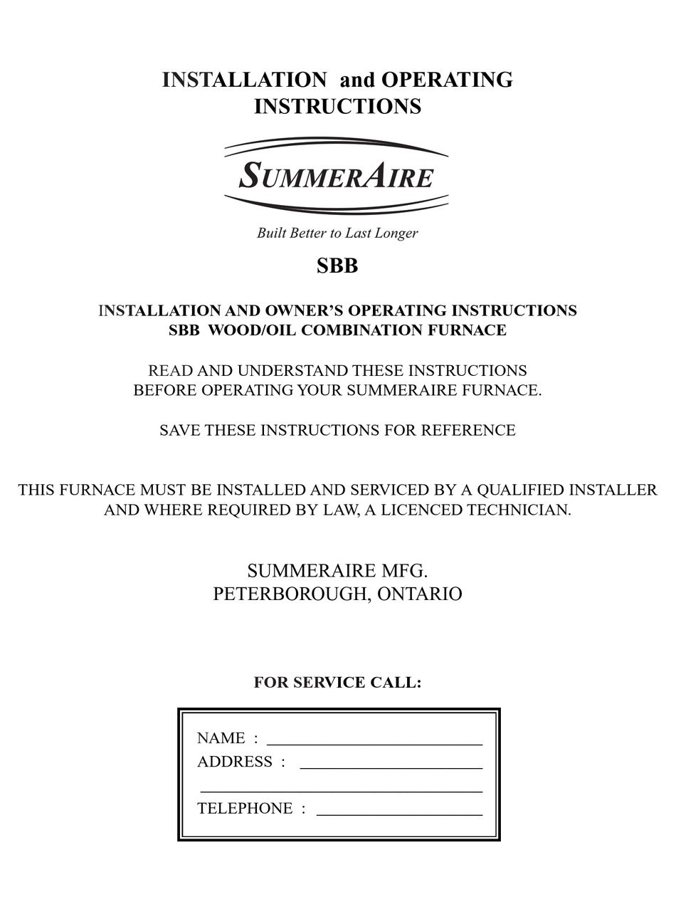 SUMMERAIRE SBB INSTALLATION AND OWNER'S OPERATING INSTRUCTIONS Pdf Download  | ManualsLib