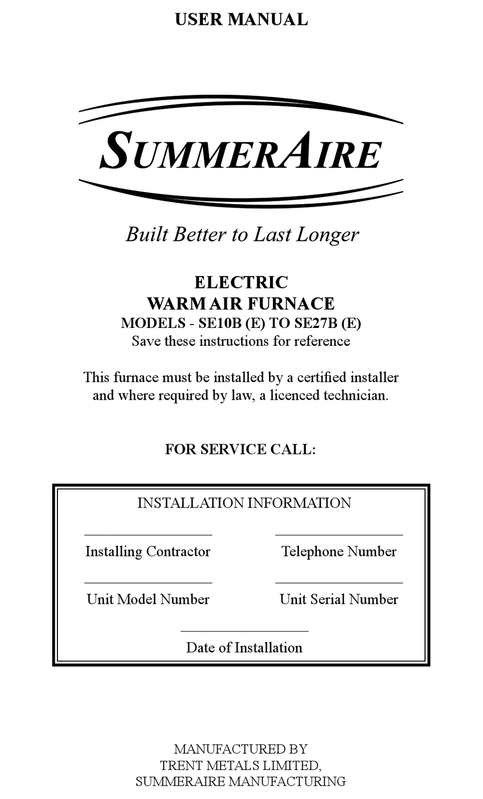 SUMMERAIRE SE10B USER MANUAL Pdf Download | ManualsLib