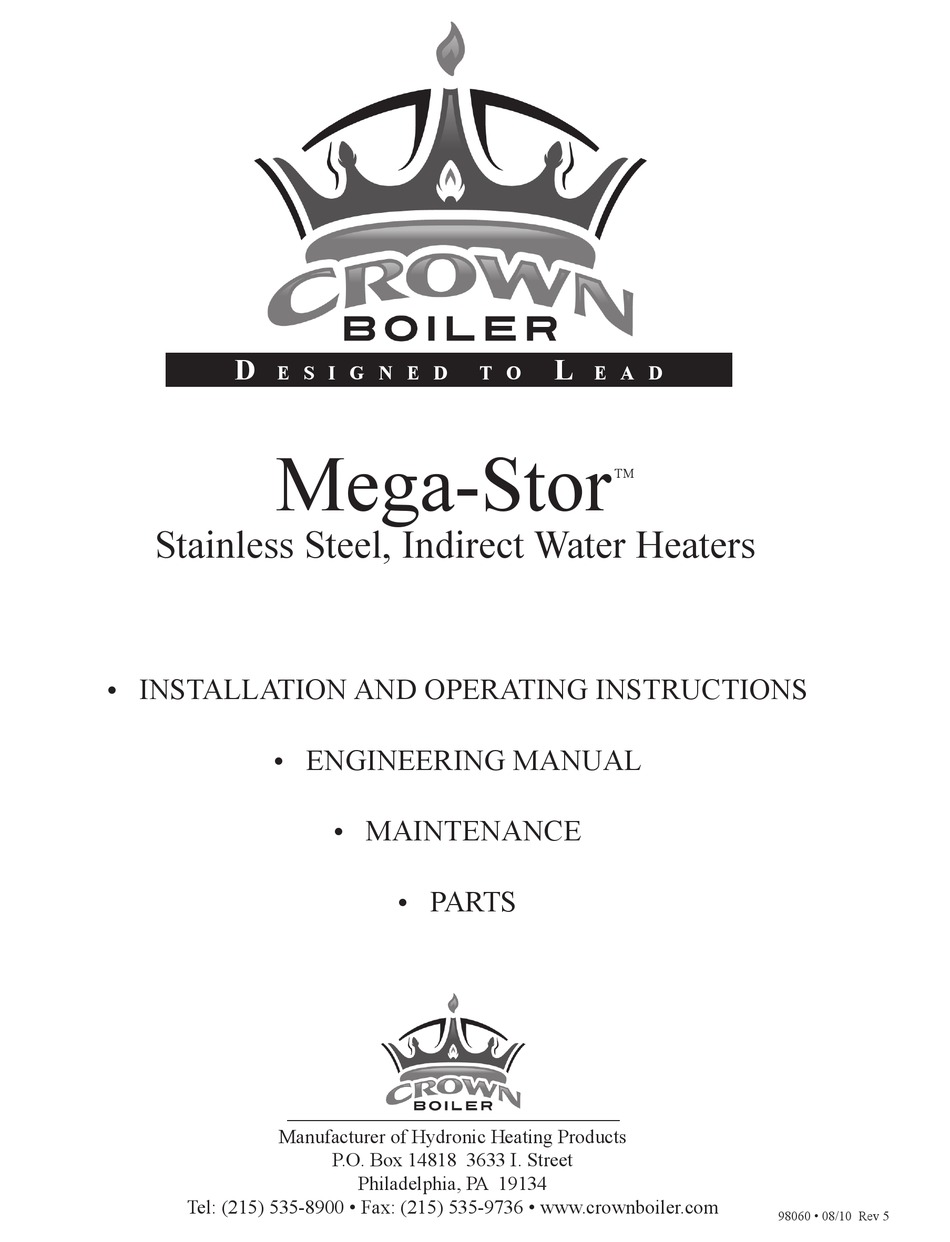 CROWN BOILER MEGASTOR INSTALLATION AND OPERATING INSTRUCTIONS MANUAL