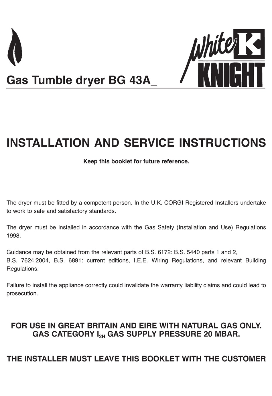 WHITE KNIGHT BG 43A INSTALLATION AND SERVICE INSTRUCTIONS MANUAL Pdf
