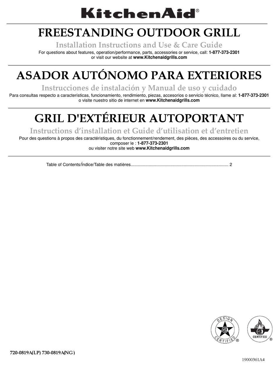 KITCHENAID FREESTANDING OUTDOOR GRILL INSTALLATION INSTRUCTIONS AND USE