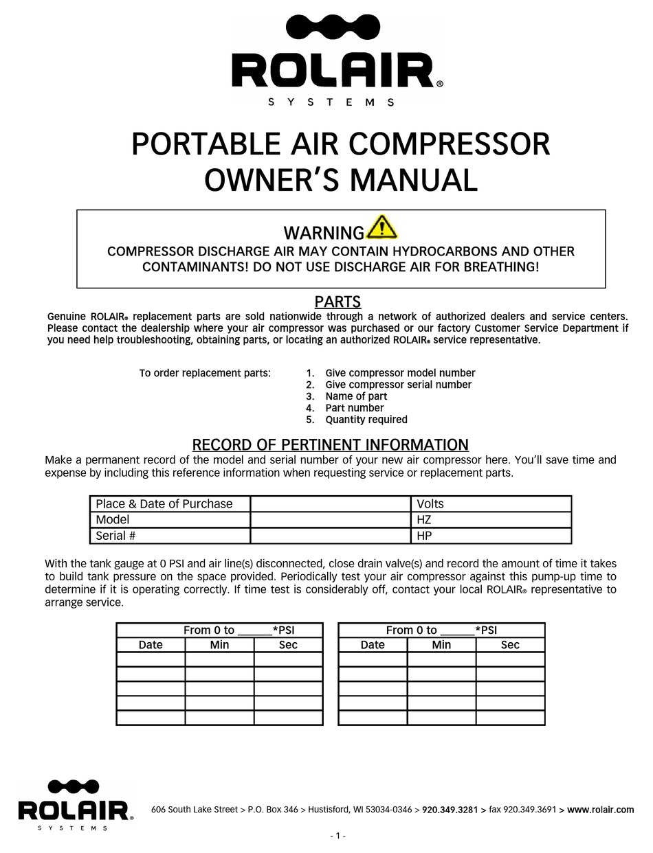 ROLAIR PORTABLE AIR COMPRESSOR OWNER'S MANUAL Pdf Download | ManualsLib