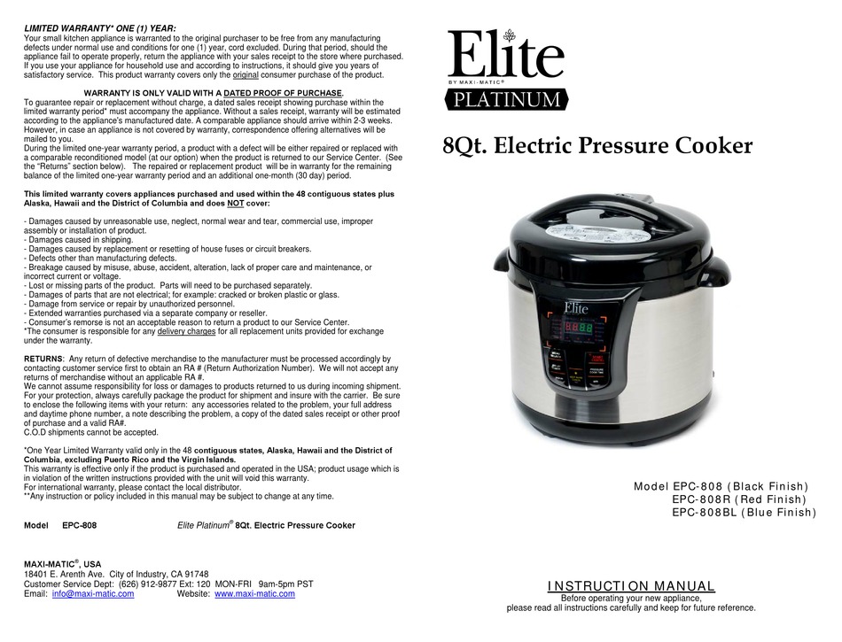 Elite Platinum 8 Quart Pressure Cooker