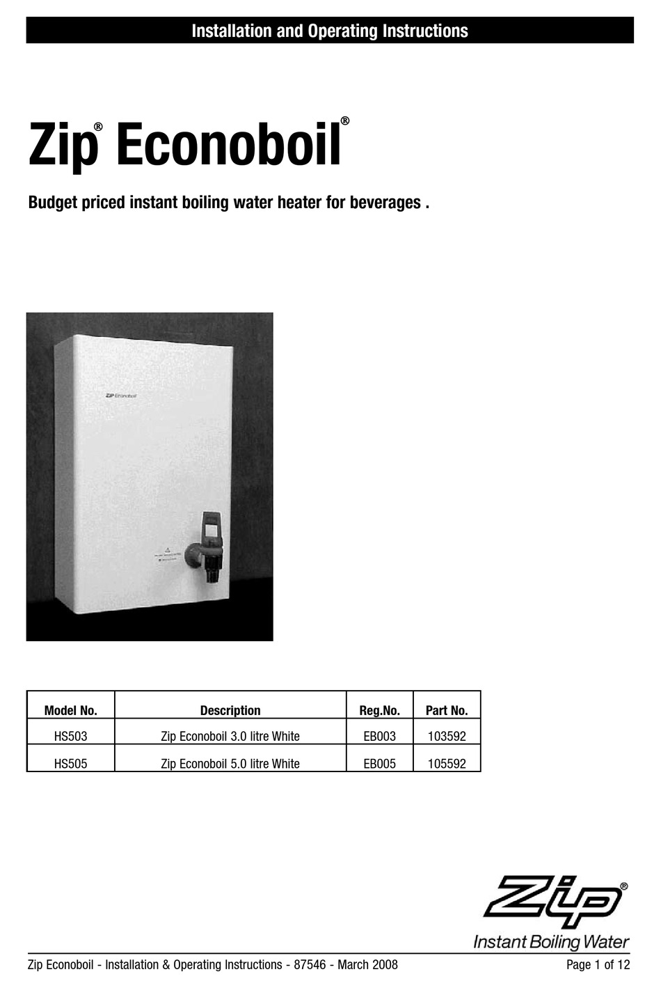 Zip Econoboil Hs503 Installation And Operating Instructions Manual Pdf Download Manualslib