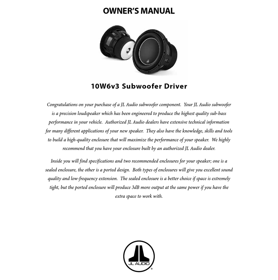 Jl Audio 10w6v3 Owner S Manual Pdf Download Manualslib