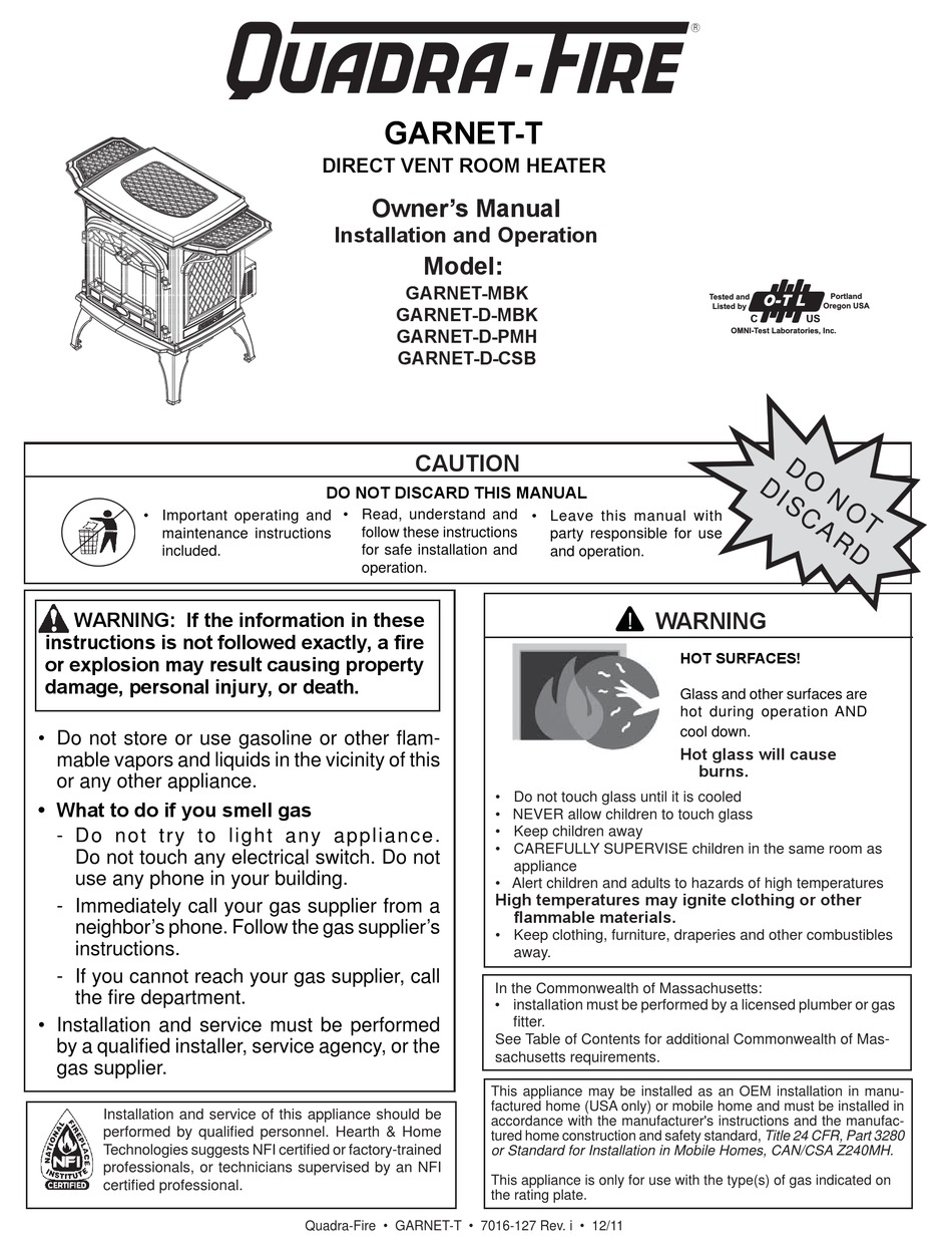 QUADRA-FIRE GARNET-MBK OWNER'S MANUAL Pdf Download | ManualsLib