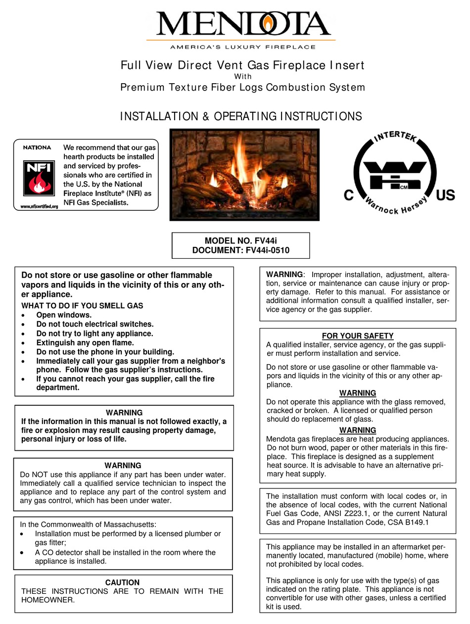 MENDOTA FV44I INSTALLATION & OPERATING INSTRUCTIONS MANUAL Pdf Download