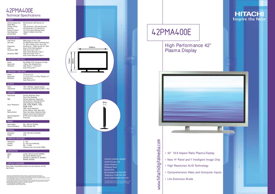 Hitachi 42pma300a Computer Monitor User Manual
