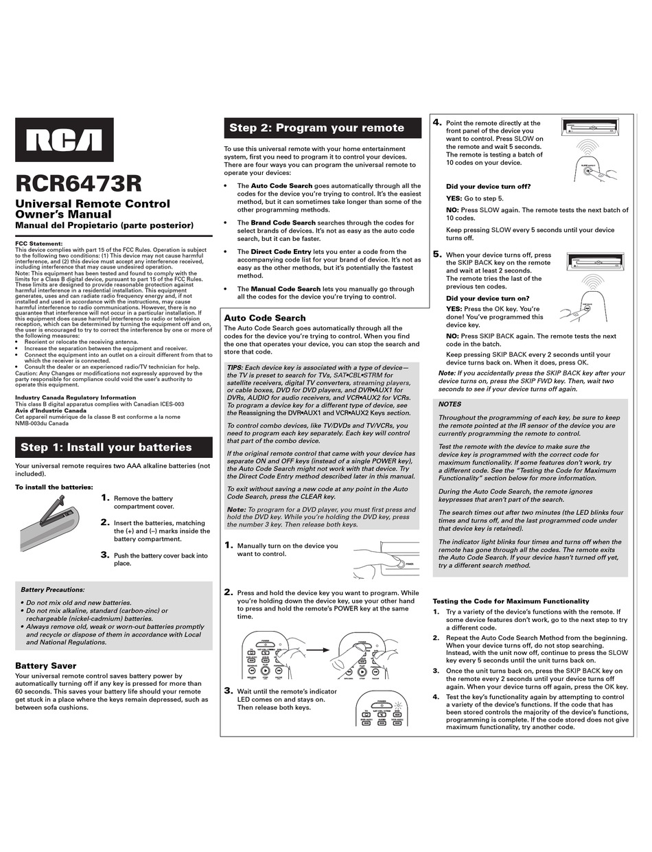 RCA RCR6473N 6 Device Universal Remote Control 