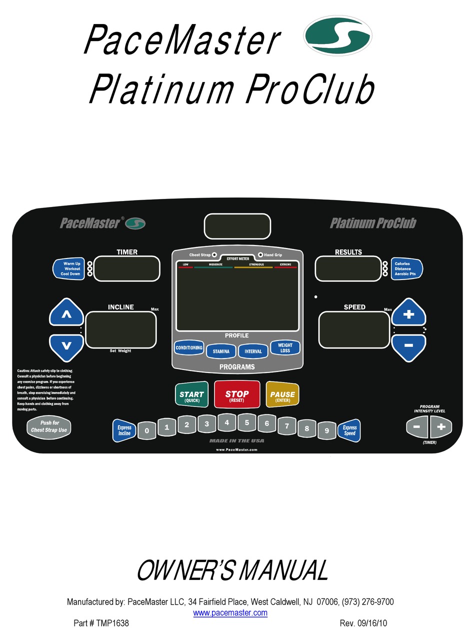 Pacemaster gold elite online treadmill manual