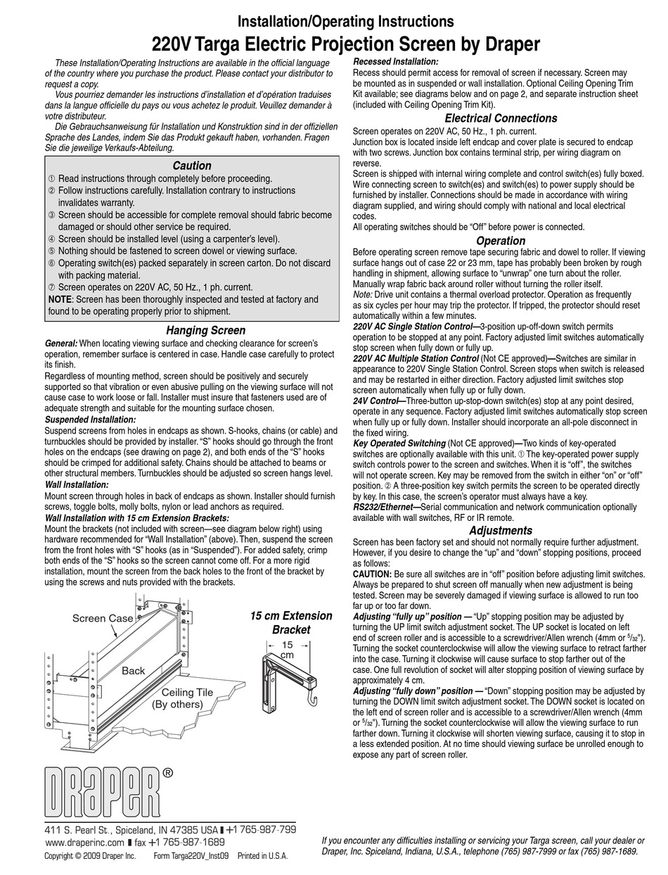 DRAPER TARGA INSTALLATION & OPERATING INSTRUCTIONS Pdf Download