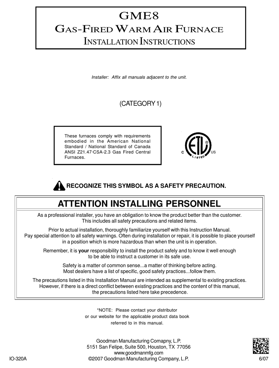 GOODMAN GME8 INSTALLATION INSTRUCTIONS MANUAL Pdf Download | ManualsLib