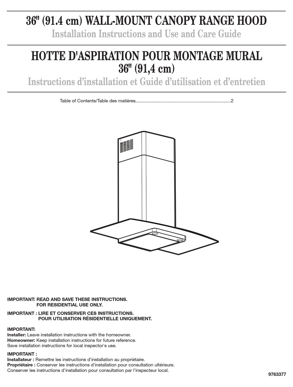 WHIRLPOOL 36" (91.4 CM) WALLMOUNT CANOPY RANGE HOOD INSTALLATION