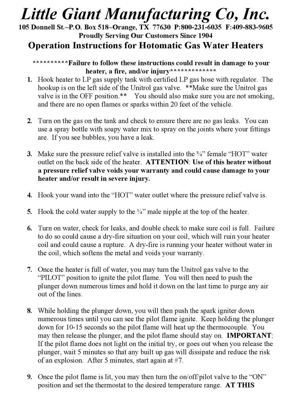 LITTLE GIANT HOTOMATIC GAS WATER HEATER OPERATION INSTRUCTIONS Pdf