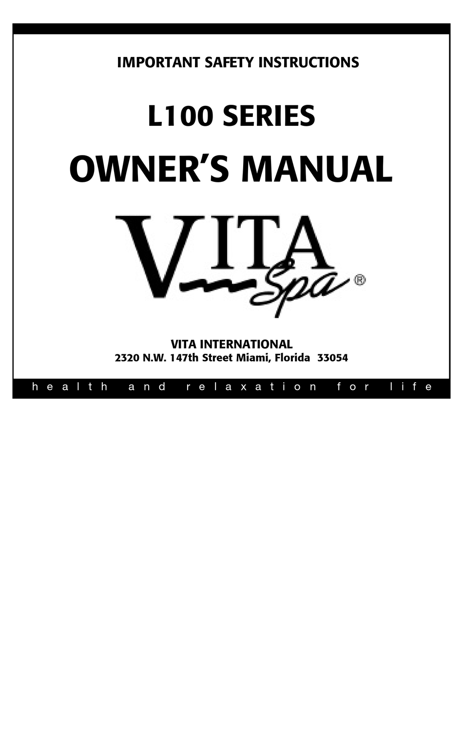 VITA SPA L100 SERIES OWNER'S MANUAL Pdf Download | ManualsLib