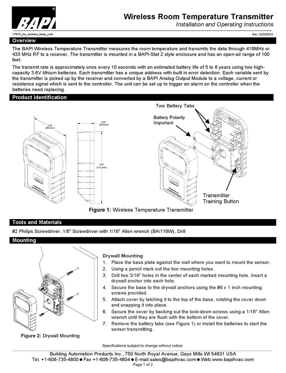 BAPI WIRELESS ROOM TEMPERATURE TRANSMITTER INSTALLATION AND OPERATING