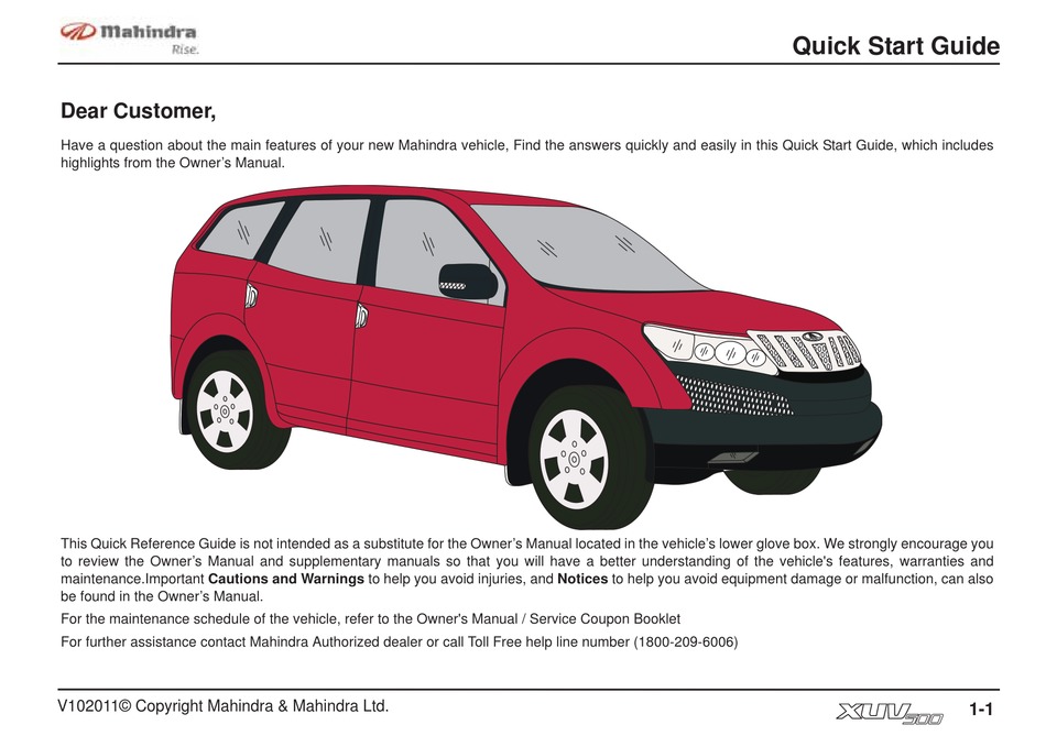 MAHINDRA XUV500 QUICK START MANUAL Pdf Download | ManualsLib