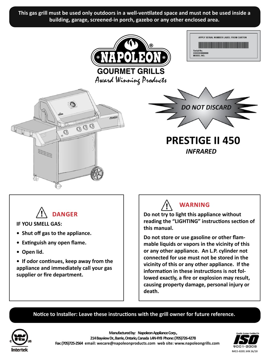 NAPOLEON PRESTIGE II 450 INSTRUCTIONS MANUAL Pdf Download ManualsLib