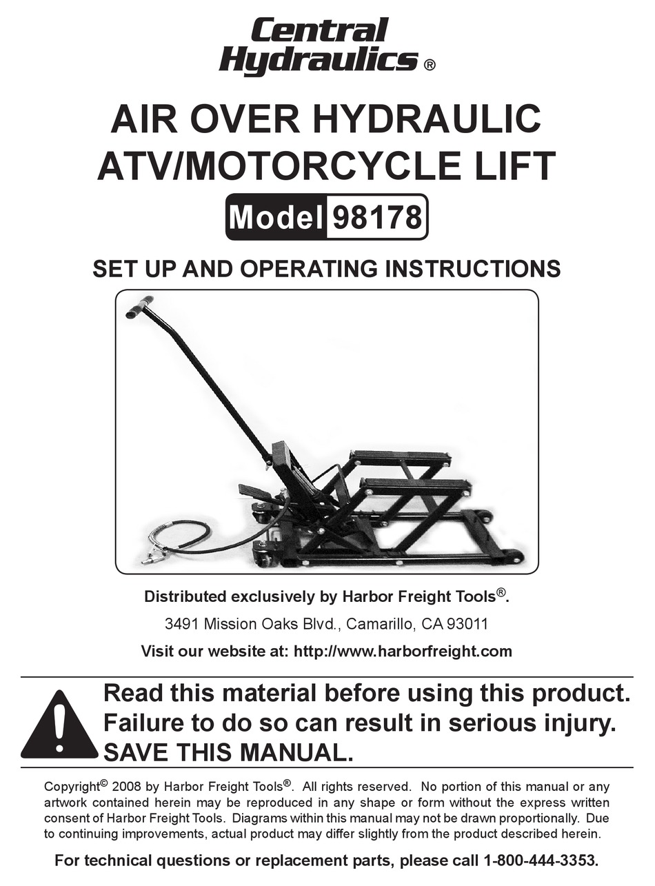 CENTRAL HYDRAULICS 98178 SET UP AND OPERATING INSTRUCTIONS MANUAL Pdf