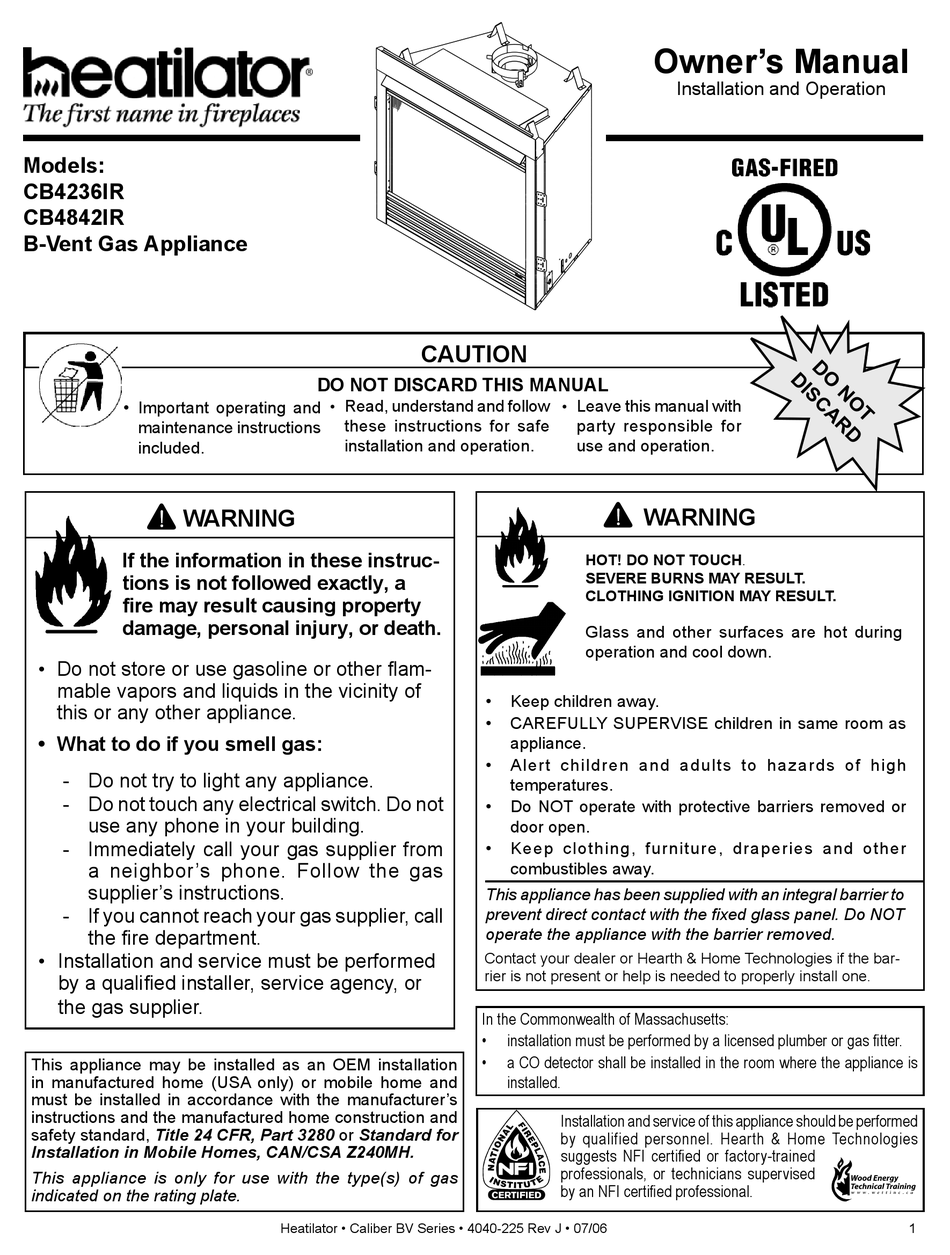 HEATILATOR CB4236IR OWNER'S MANUAL Pdf Download | ManualsLib