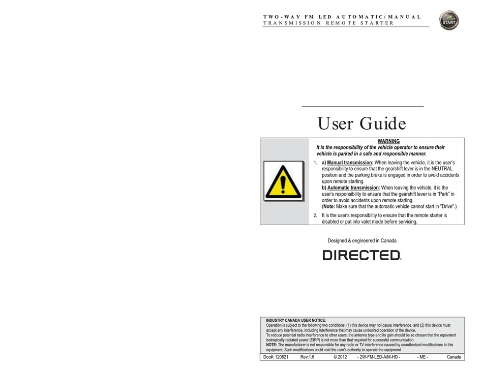 SMART START TRANSMISSION REMOTE STARTER USER MANUAL Pdf Download