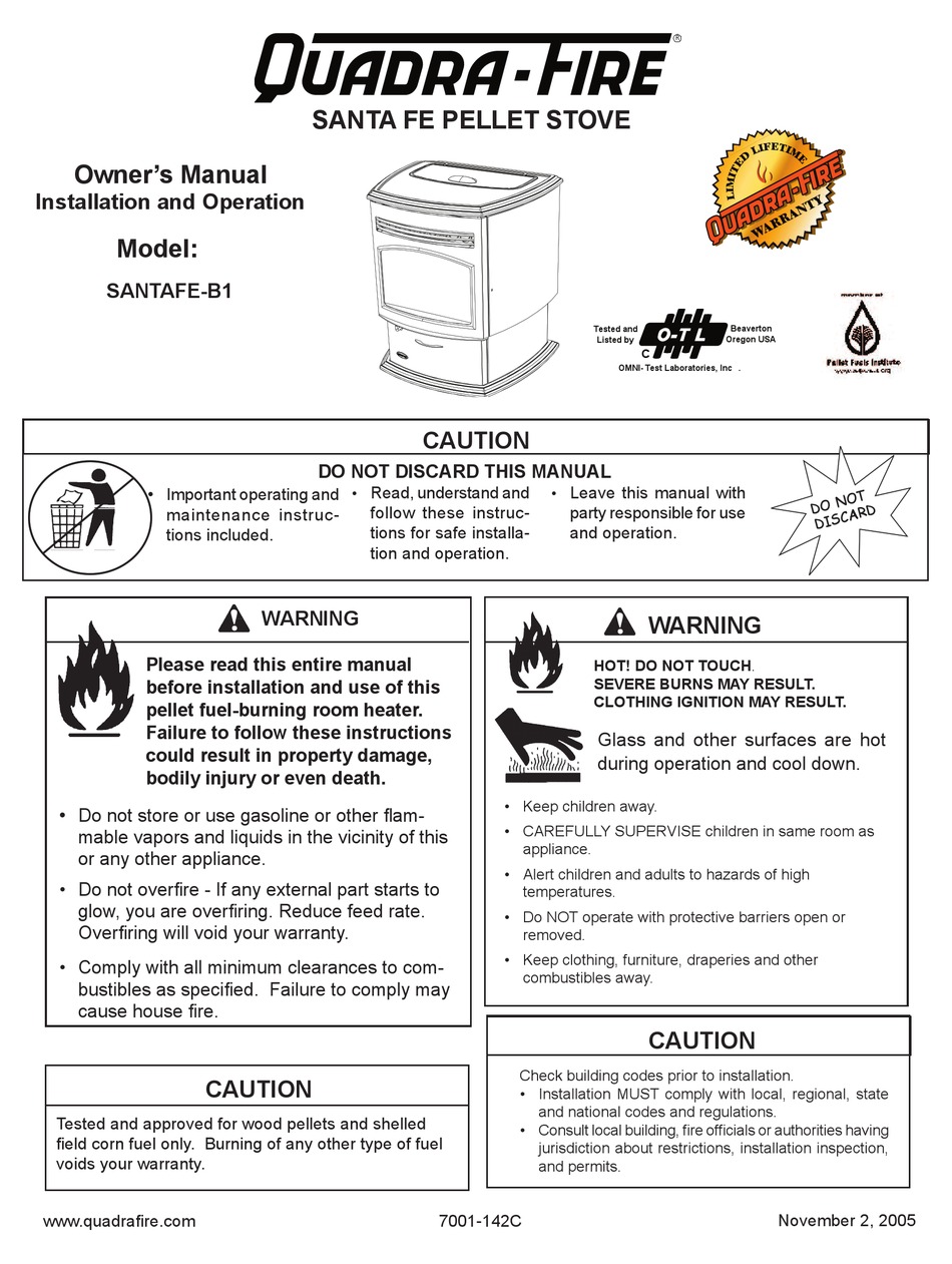 QUADRA-FIRE SANTAFE-B1 OWNER'S MANUAL Pdf Download | ManualsLib